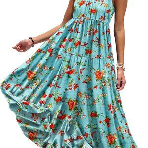 Bohemian Floral Maxi Dress Women Cotton Rayon Summer Flowy Pockets